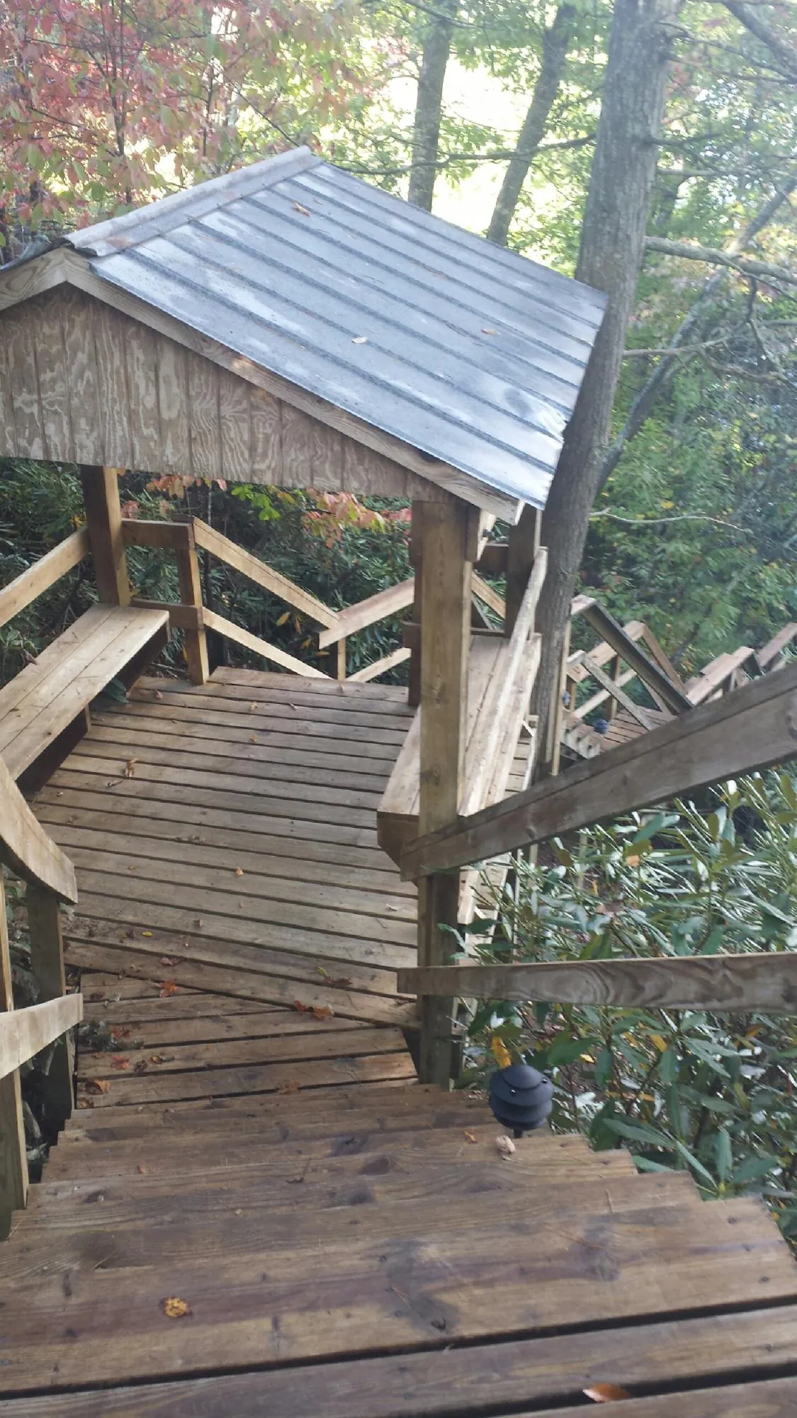 Metal roofed shelter over wooden steps on a wooded walkway — Skylight Repair & Installation work by our crew in Emeryville